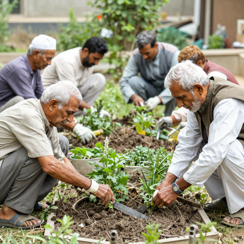 A group of seniors enjoying an outdoor activity like gardening.