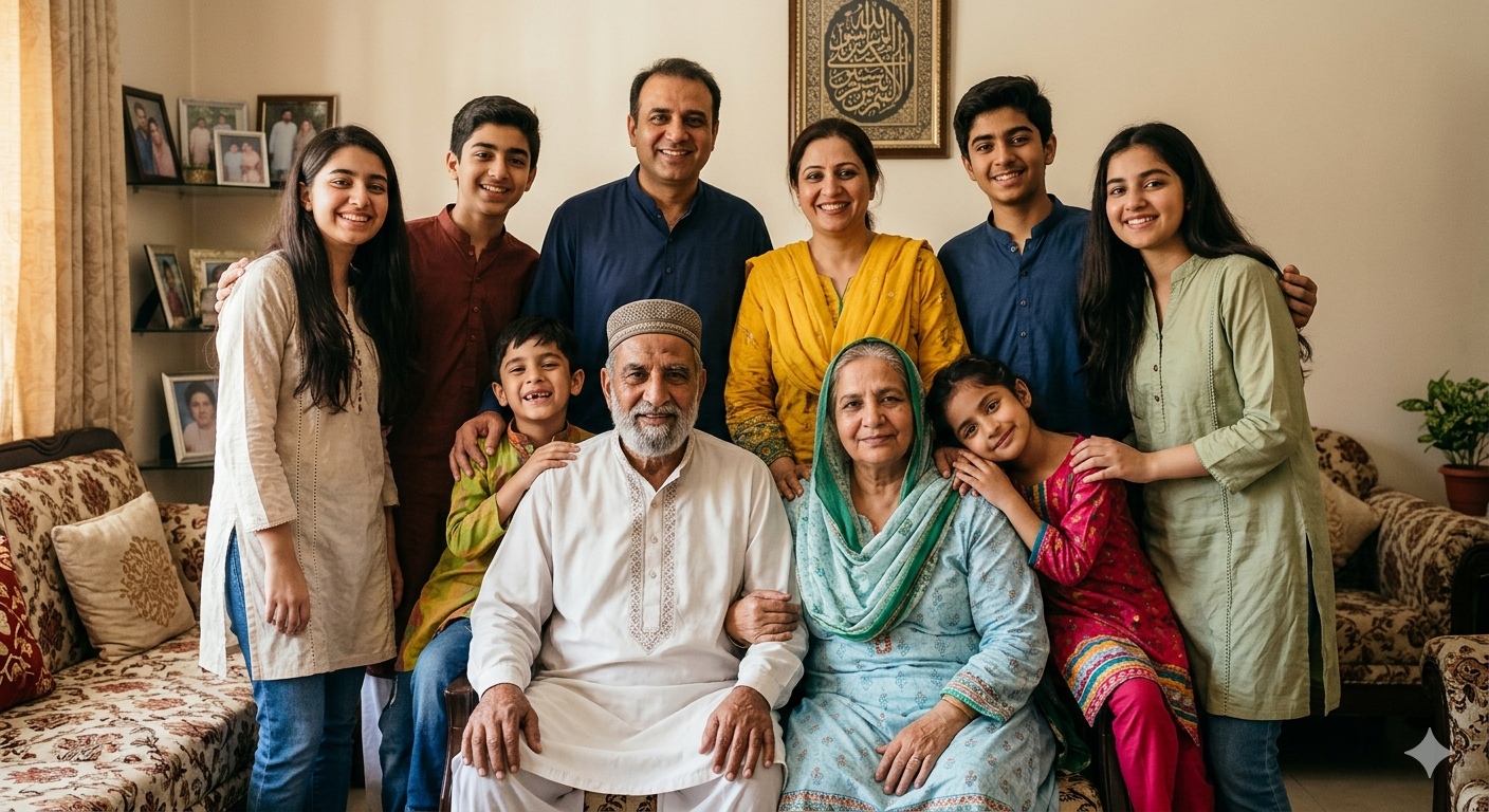 An intergenerational group smiling together, with a mix of young and old people.