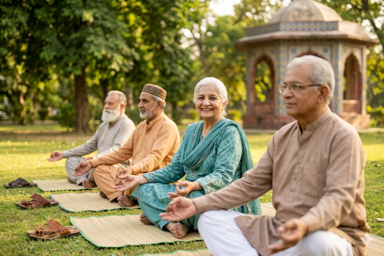 An elderly woman laughing while participating in an outdoor yoga class for seniors.