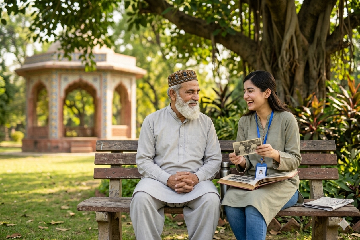 A younger volunteer sharing a moment with an elderly man on a park bench.