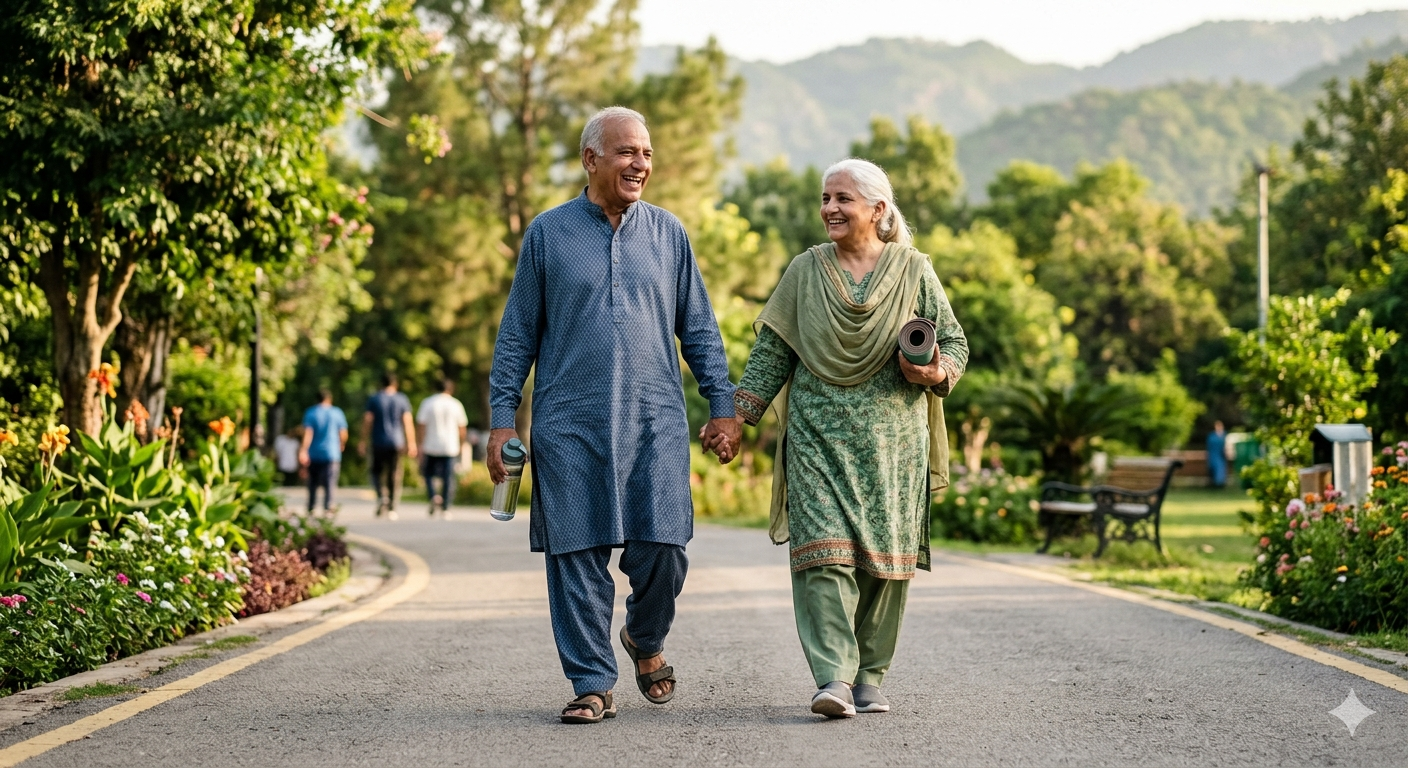 A happy senior couple enjoying an active outdoor life, representing wellness and active ageing.