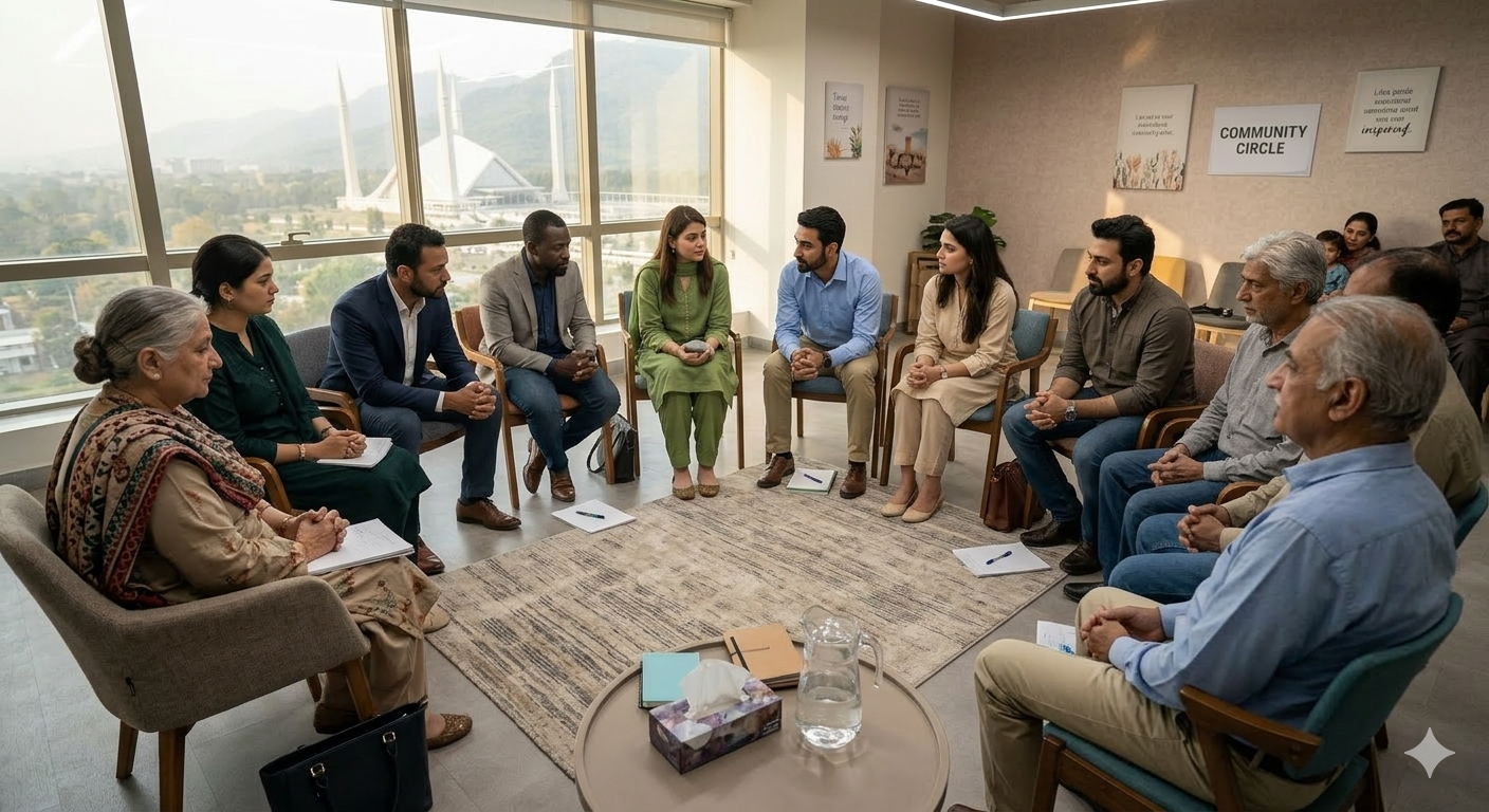 People collaborating and laughing in a community setting.