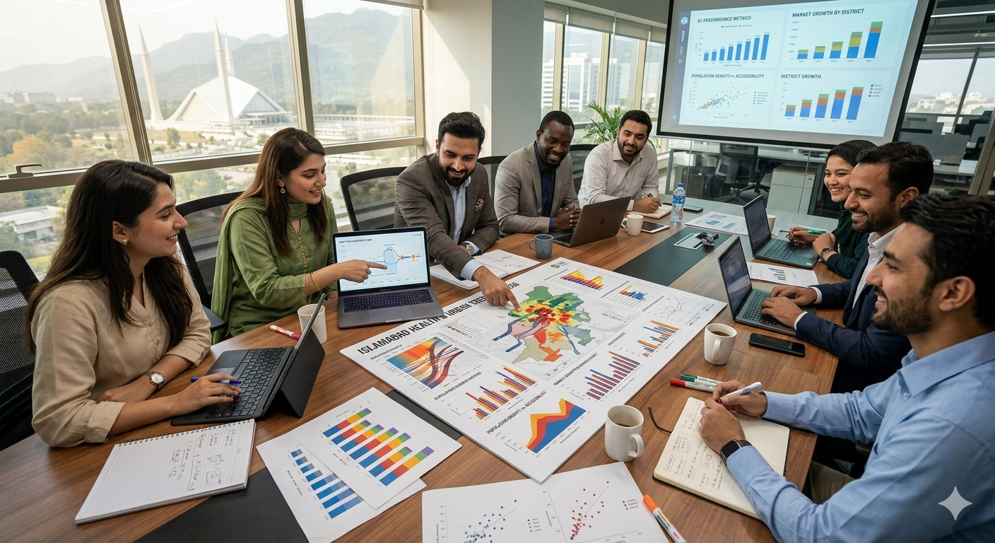 A team of professionals collaborating around a table with charts and data.