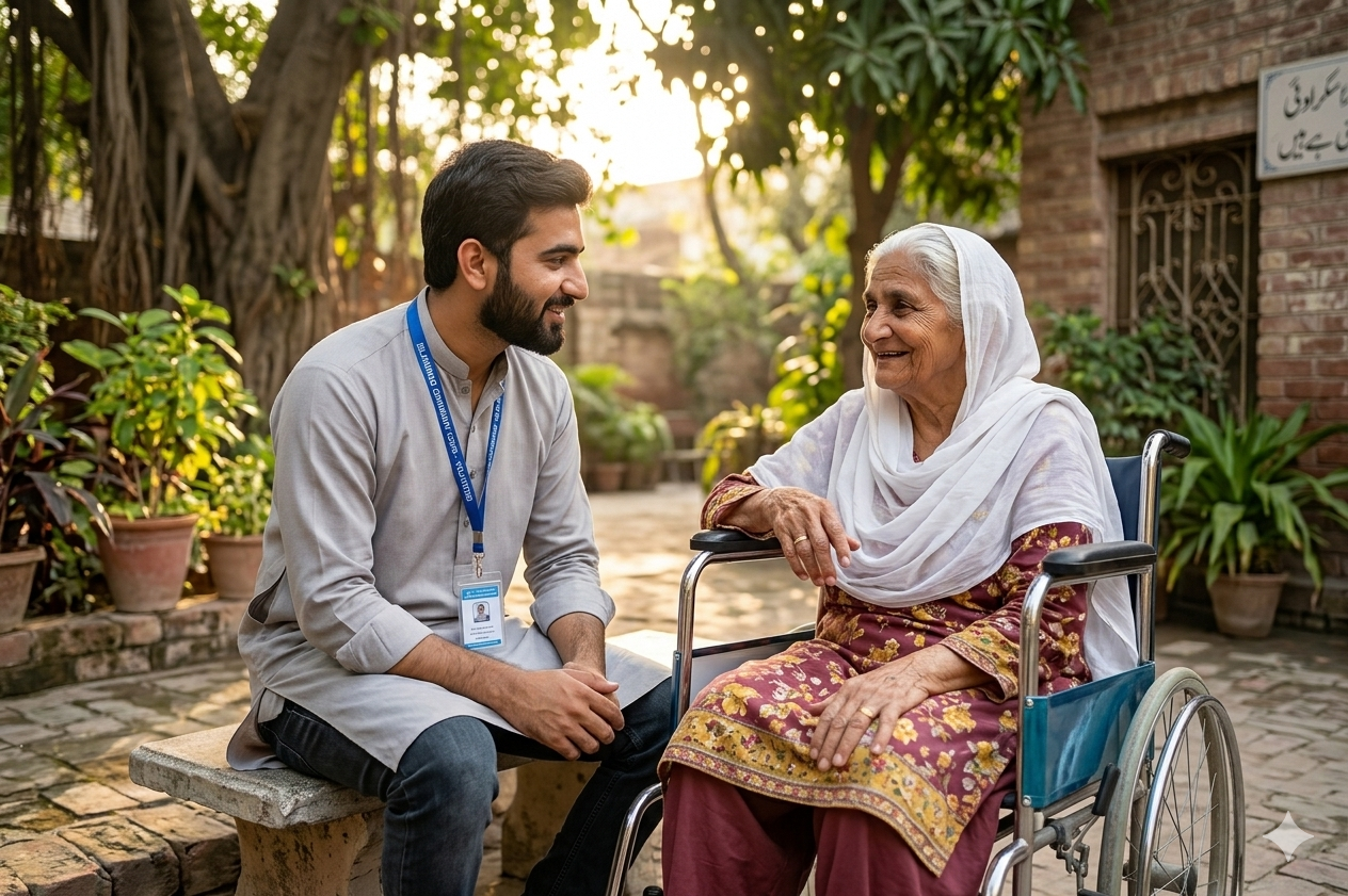 A young volunteer talking with a senior woman in a wheelchair.