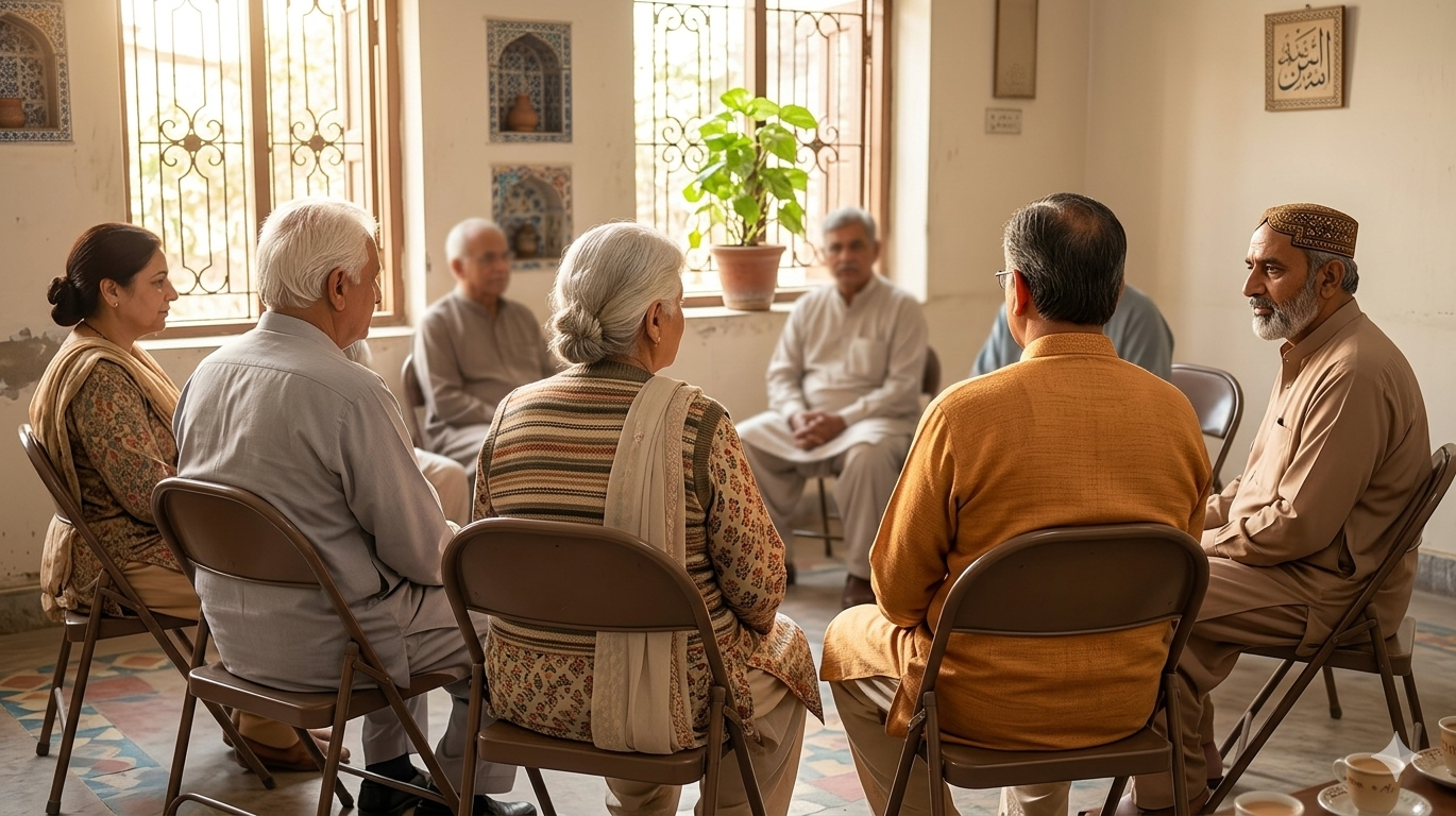 A group of seniors in a community setting, sharing a moment.