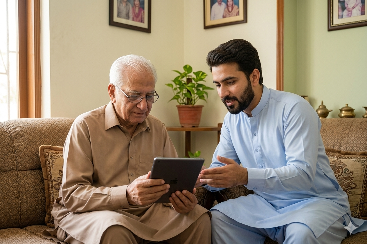 A senior person in thoughtful discussion with a younger person, representing the need for support and guidance.