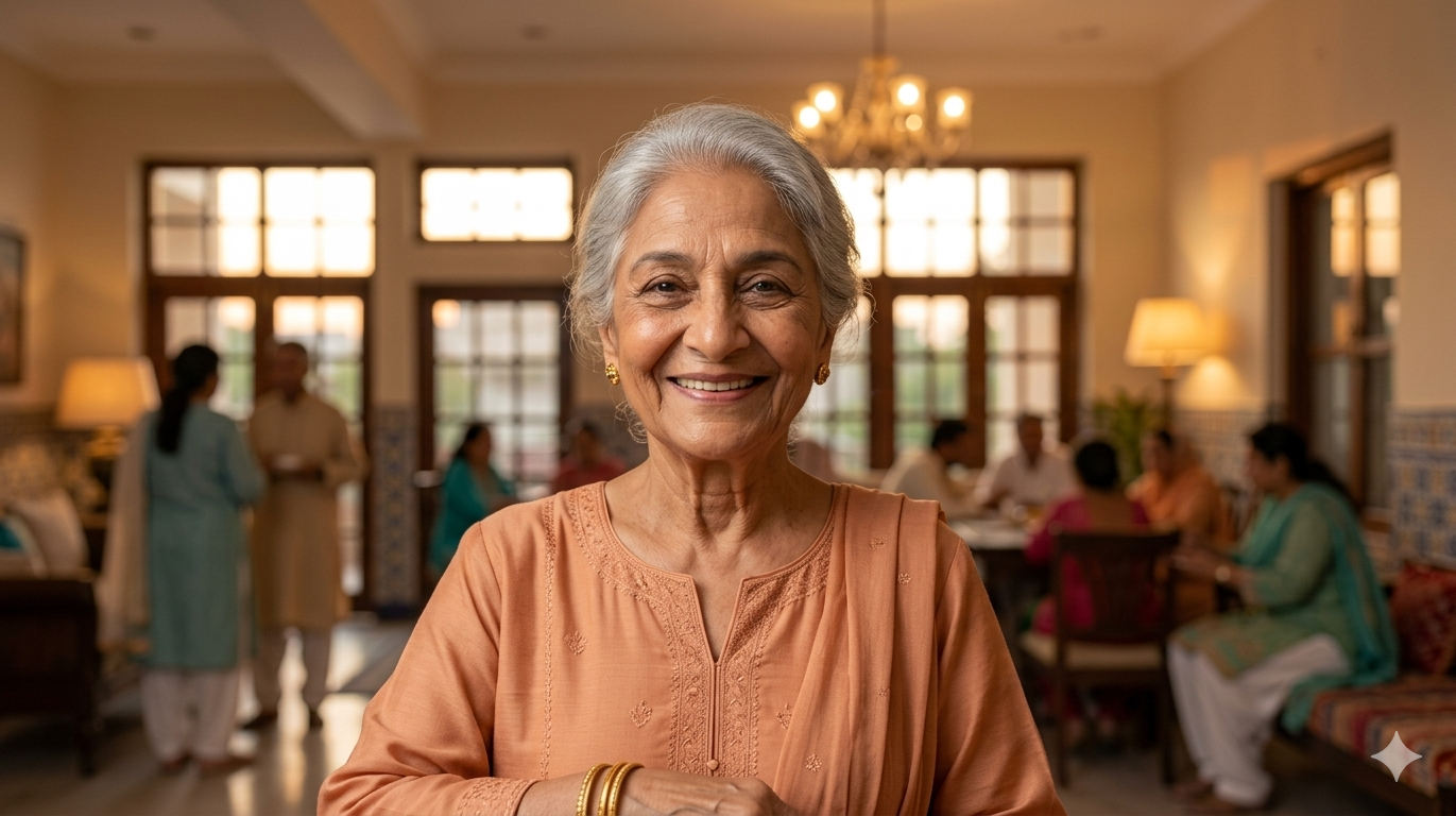 A senior woman smiling warmly, representing dignity and purpose.